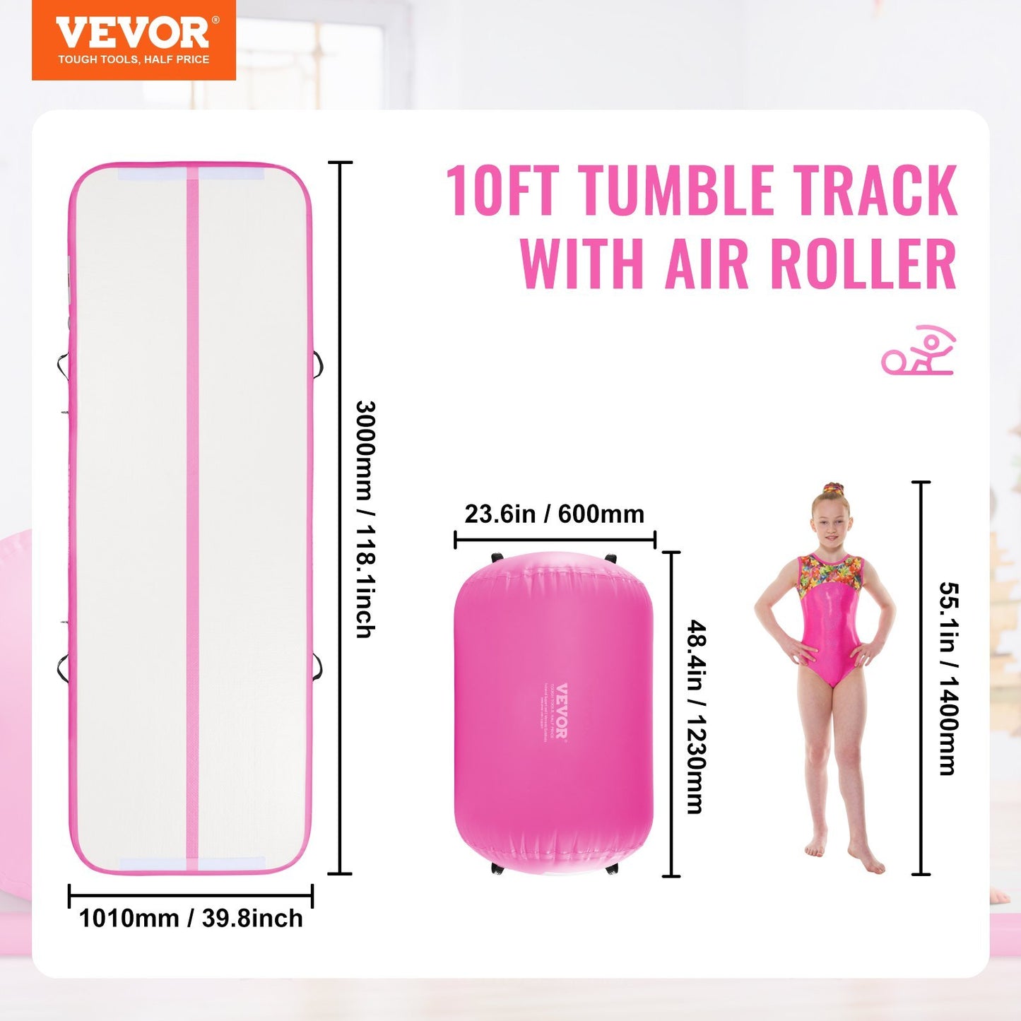 VEVOR Inflatable Gymnastics Air Mat Set, 2 PCS Tumbling Mat, Tumble Track With Electric Pump, Air Roller Barrel Gymnastics Equipment, Training Mats For Home Use Gym Yoga Cheerleading Beach Park Water